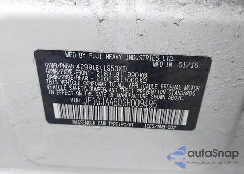 2016 Subaru Impreza 2.0I z USA, uszkodzony, nr VIN JF1GJAA60GH009495